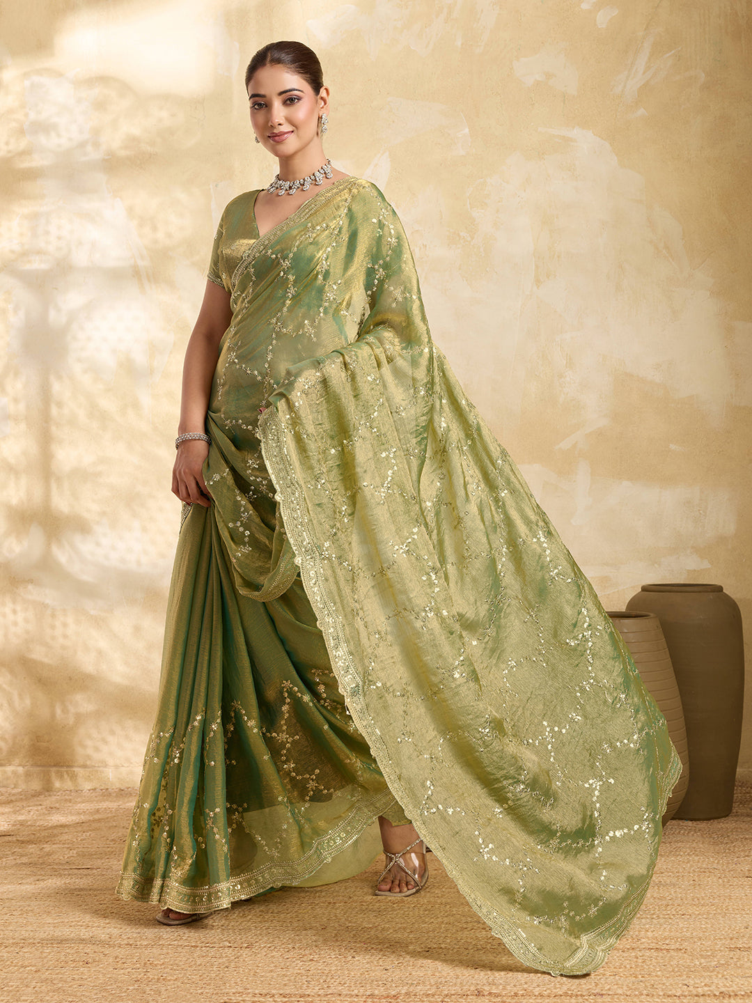 Mint Green Embroidered Jimmy Choo Party Wear Saree with Blouse