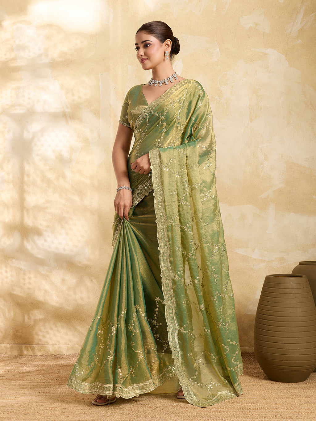 Mint Green Embroidered Jimmy Choo Party Wear Saree with Blouse
