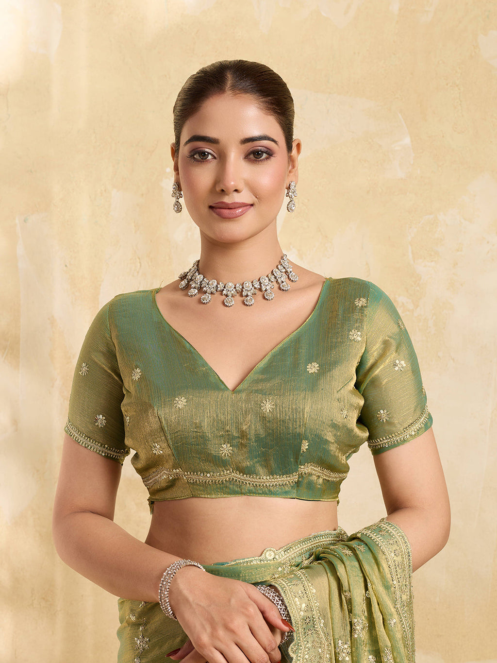 Mint Green Embroidered Jimmy Choo Party Wear Saree with Blouse