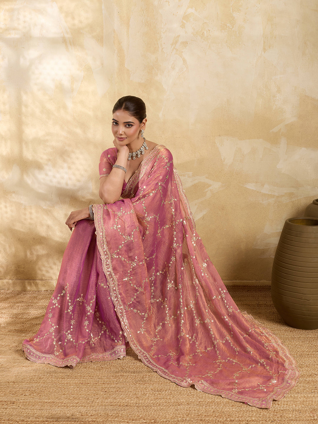 Pink Embroidered Sequence Party Wear Jimmy Choo Saree