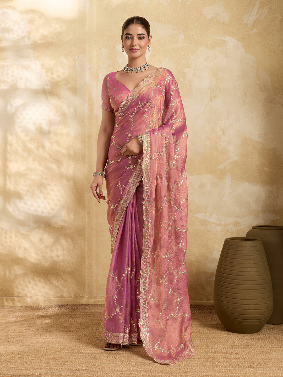 Pink Embroidered Sequence Party Wear Jimmy Choo Saree