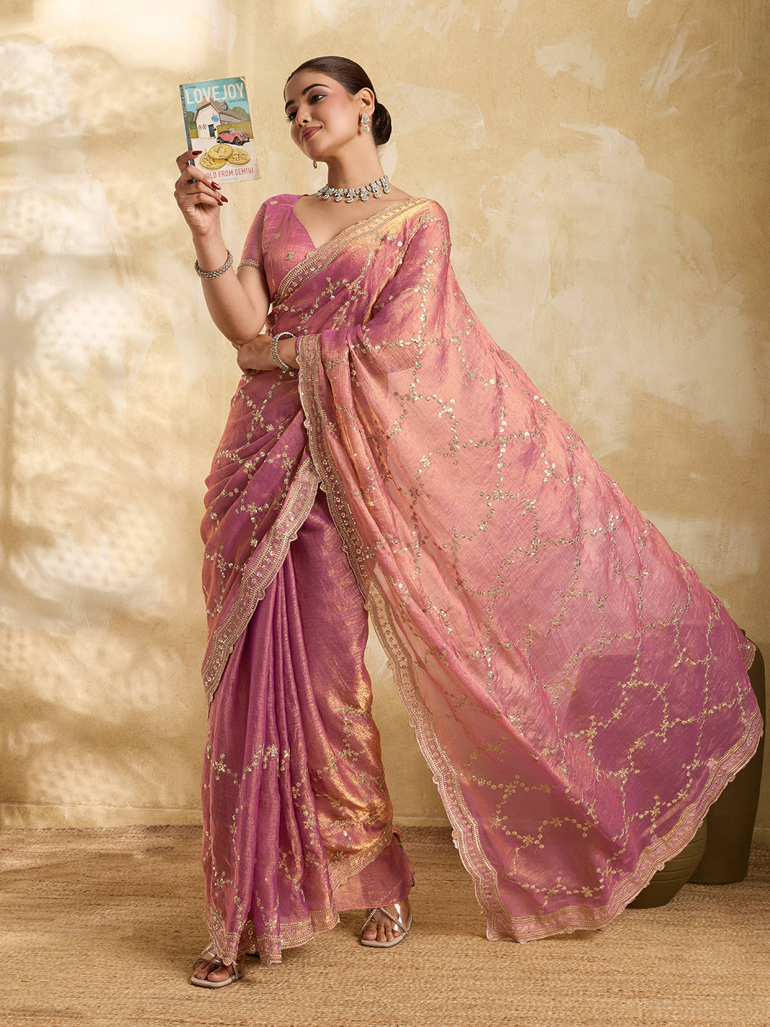 Pink sequence embroidered Jimmy Choo party wear saree with unstitched blouse