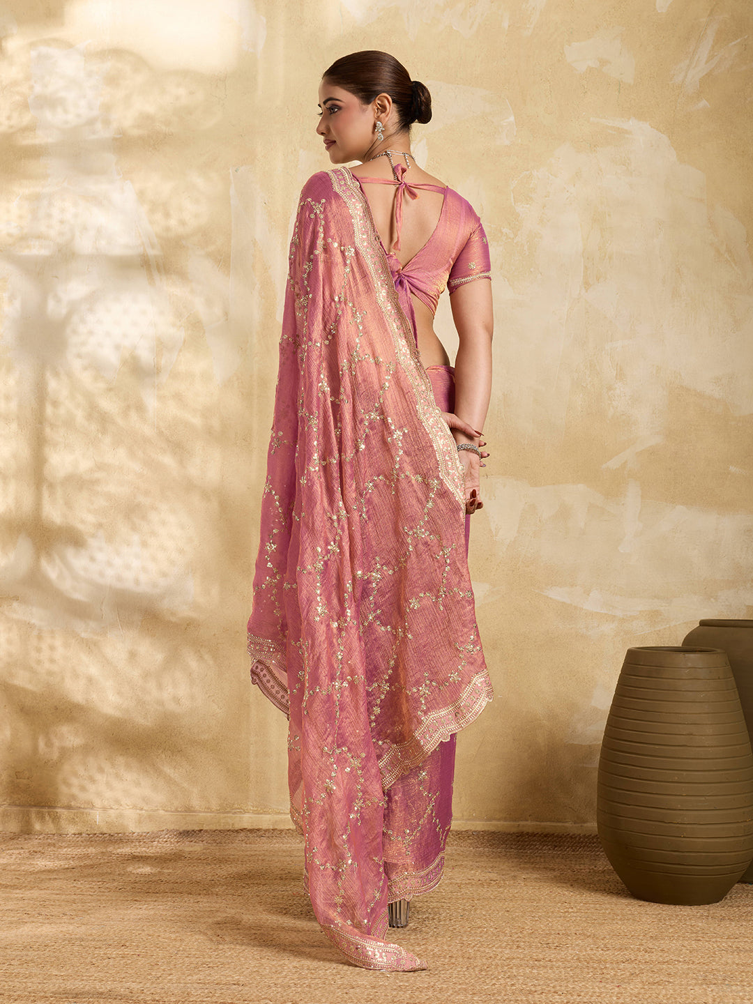 Pink Embroidered Sequence Party Wear Jimmy Choo Saree