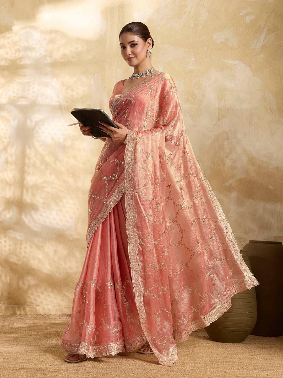 Peach Party Wear Jimmy Choo Saree with Sequin Embroidery