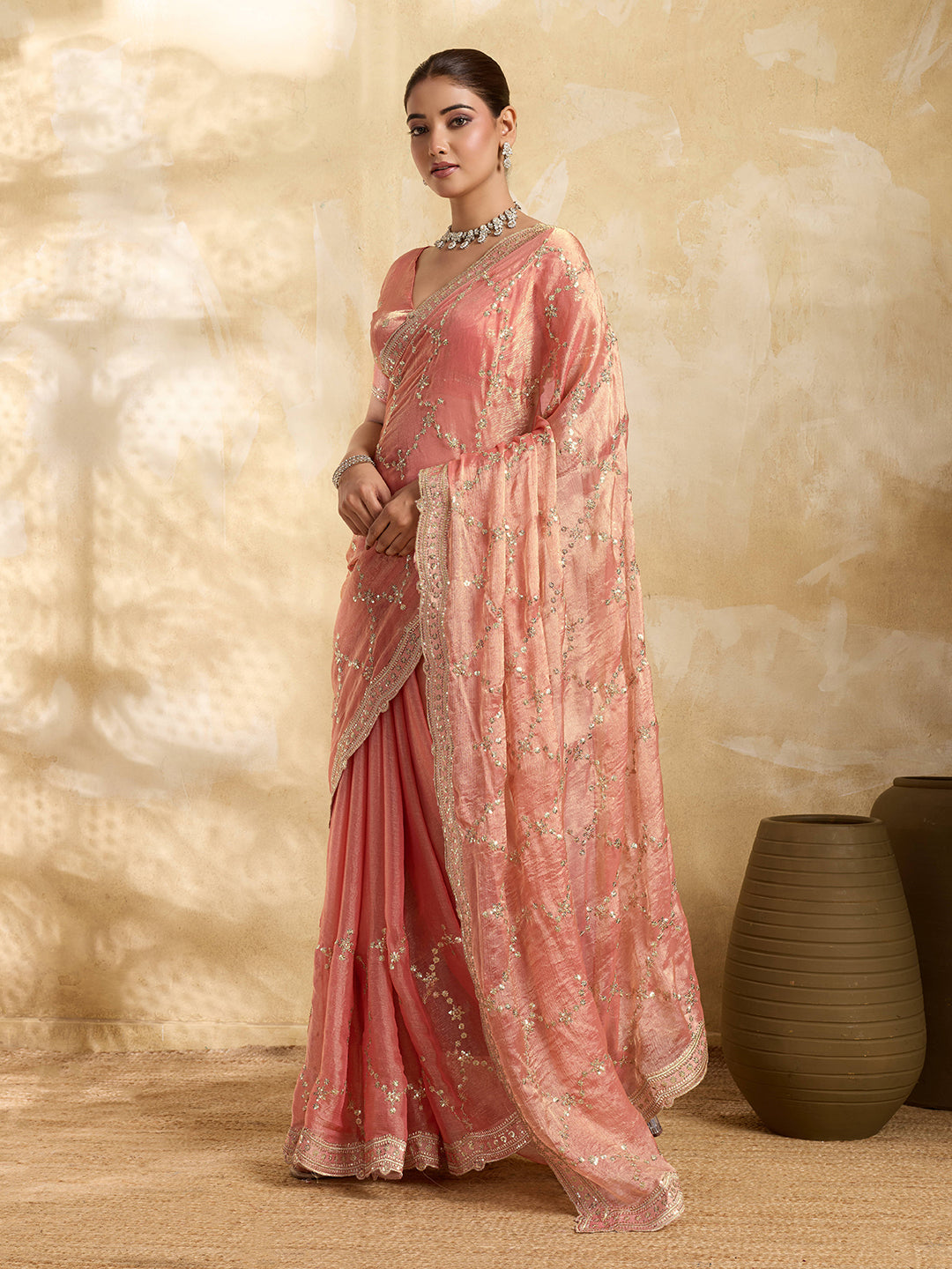 Peach Party Wear Jimmy Choo Saree with Sequin Embroidery