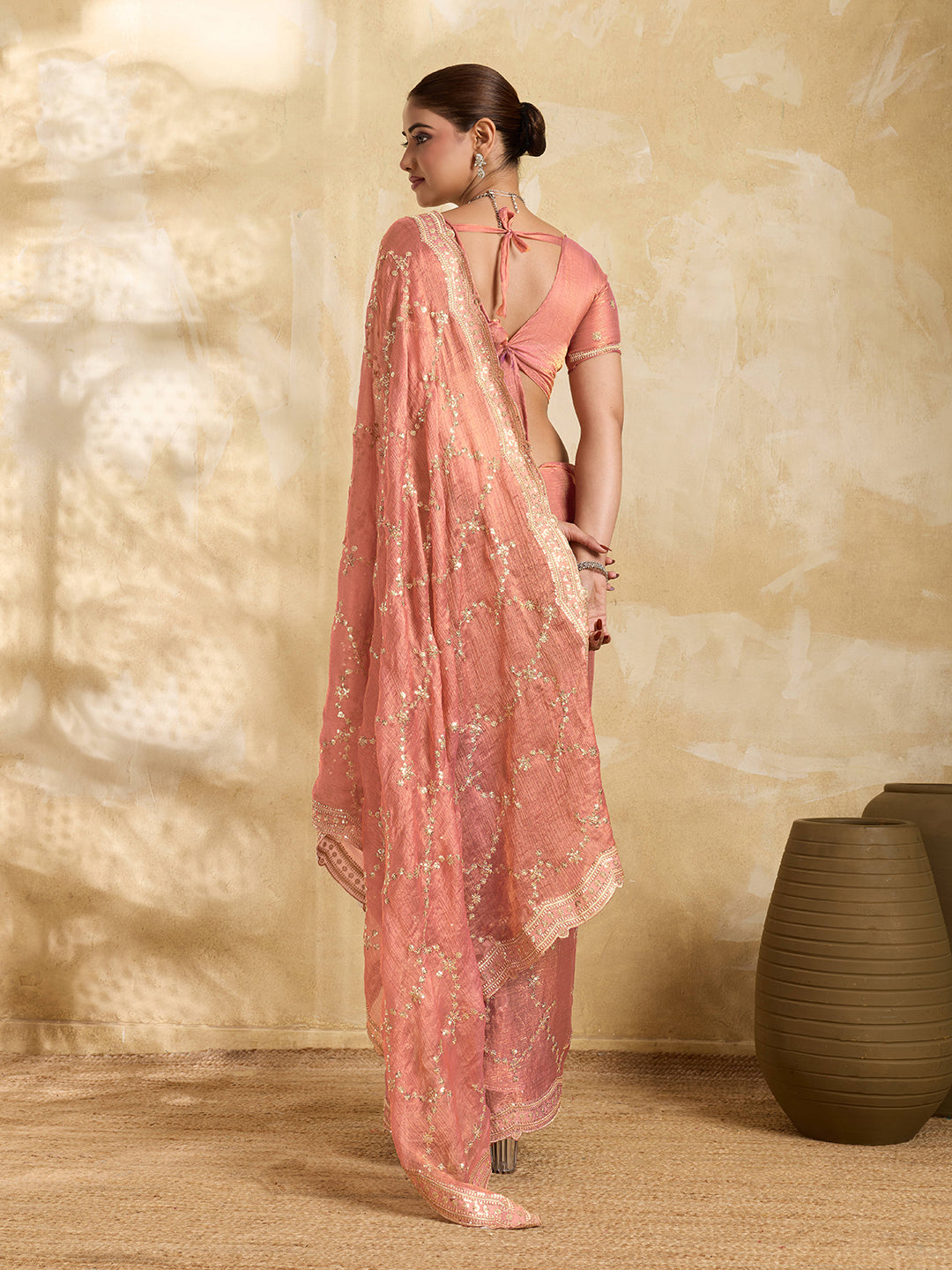 Peach Party Wear Jimmy Choo Saree with Sequin Embroidery