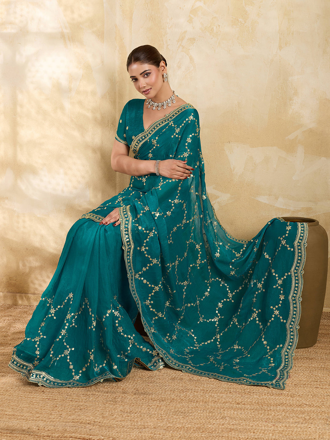Teal Blue Sequined Embroidered Jimmy Choo Party Wear Saree