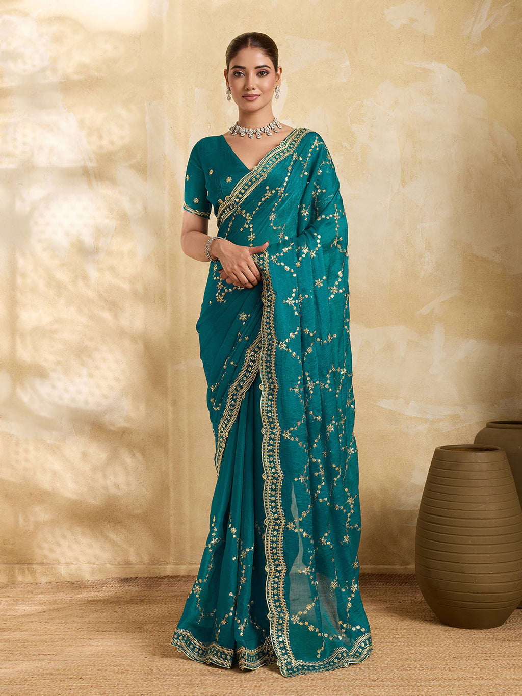 Teal Blue sequence embroidered Jimmy Choo party wear saree