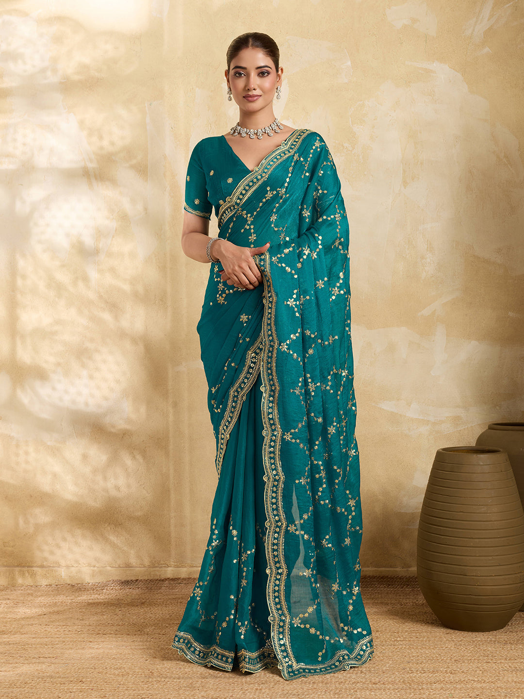 Teal Blue sequence embroidered Jimmy Choo party wear saree