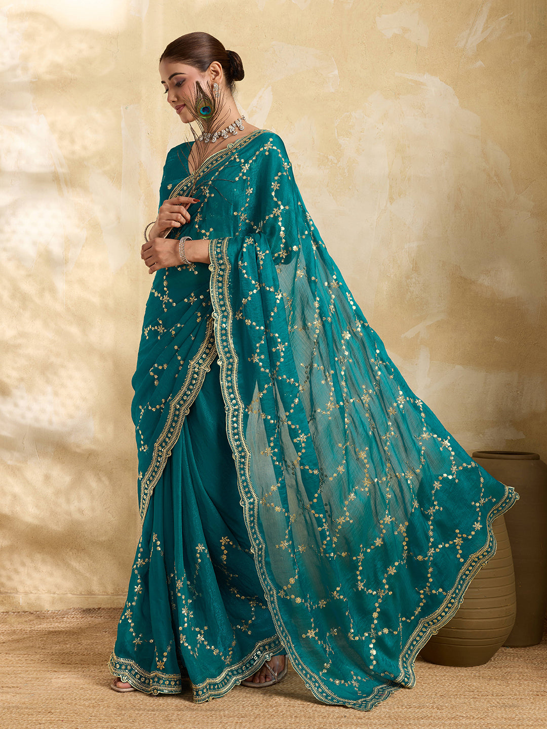 Teal Blue Sequined Embroidered Jimmy Choo Party Wear Saree
