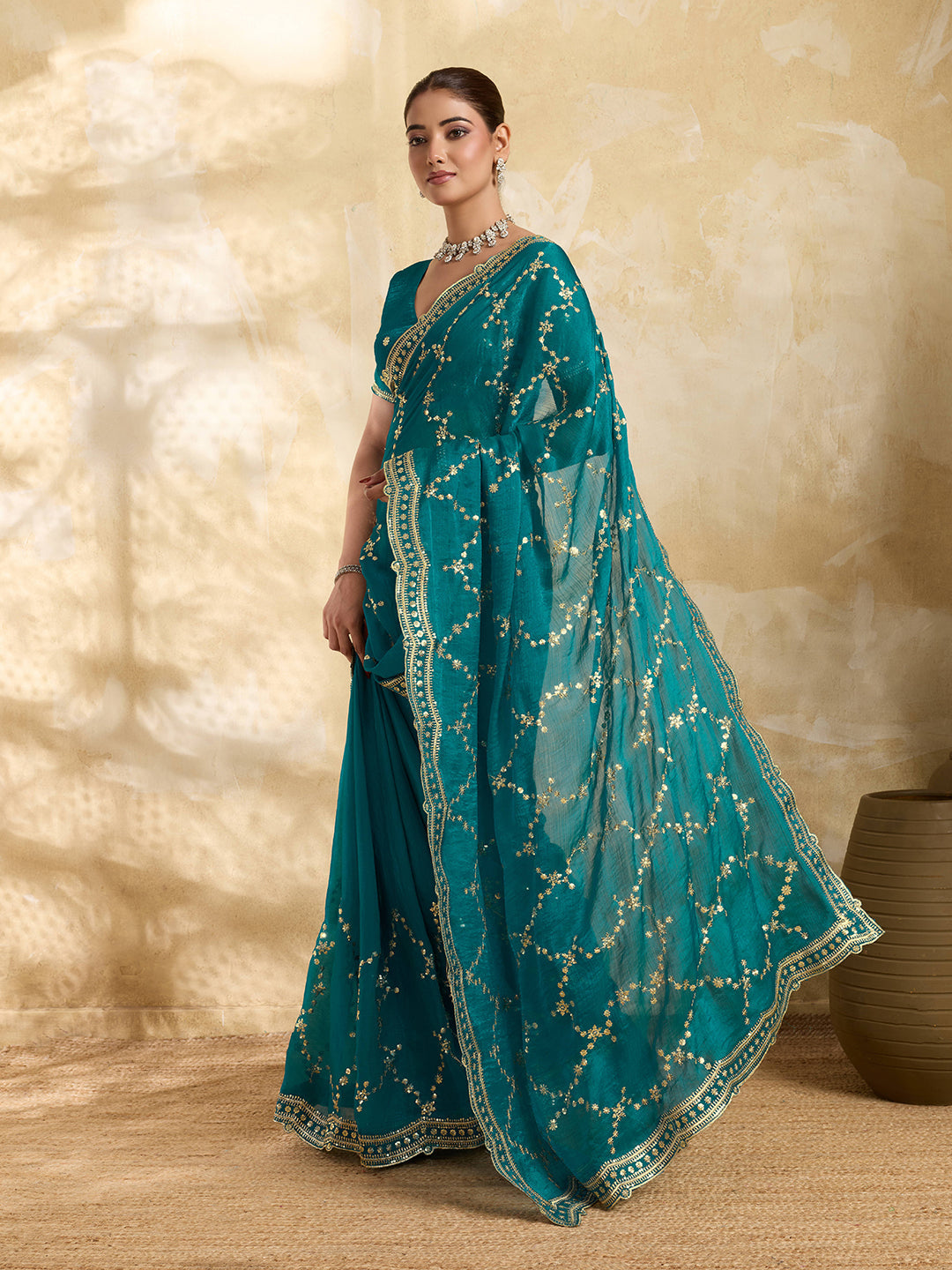 Teal Blue Sequined Embroidered Jimmy Choo Party Wear Saree