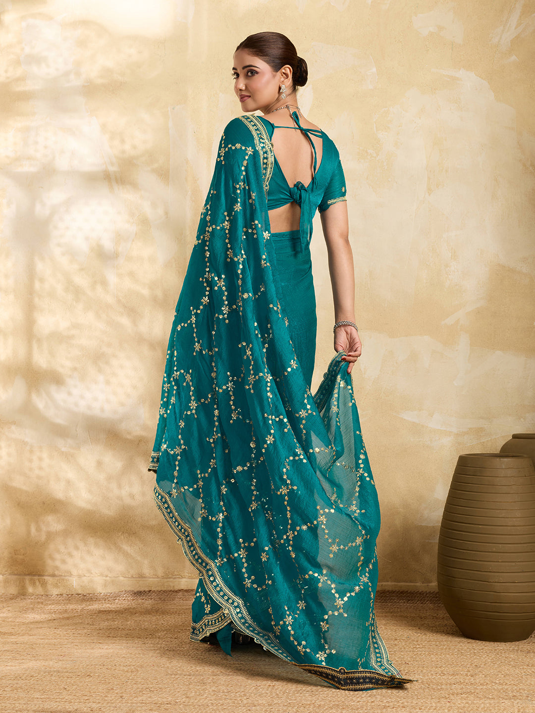 Teal Blue Sequined Embroidered Jimmy Choo Party Wear Saree