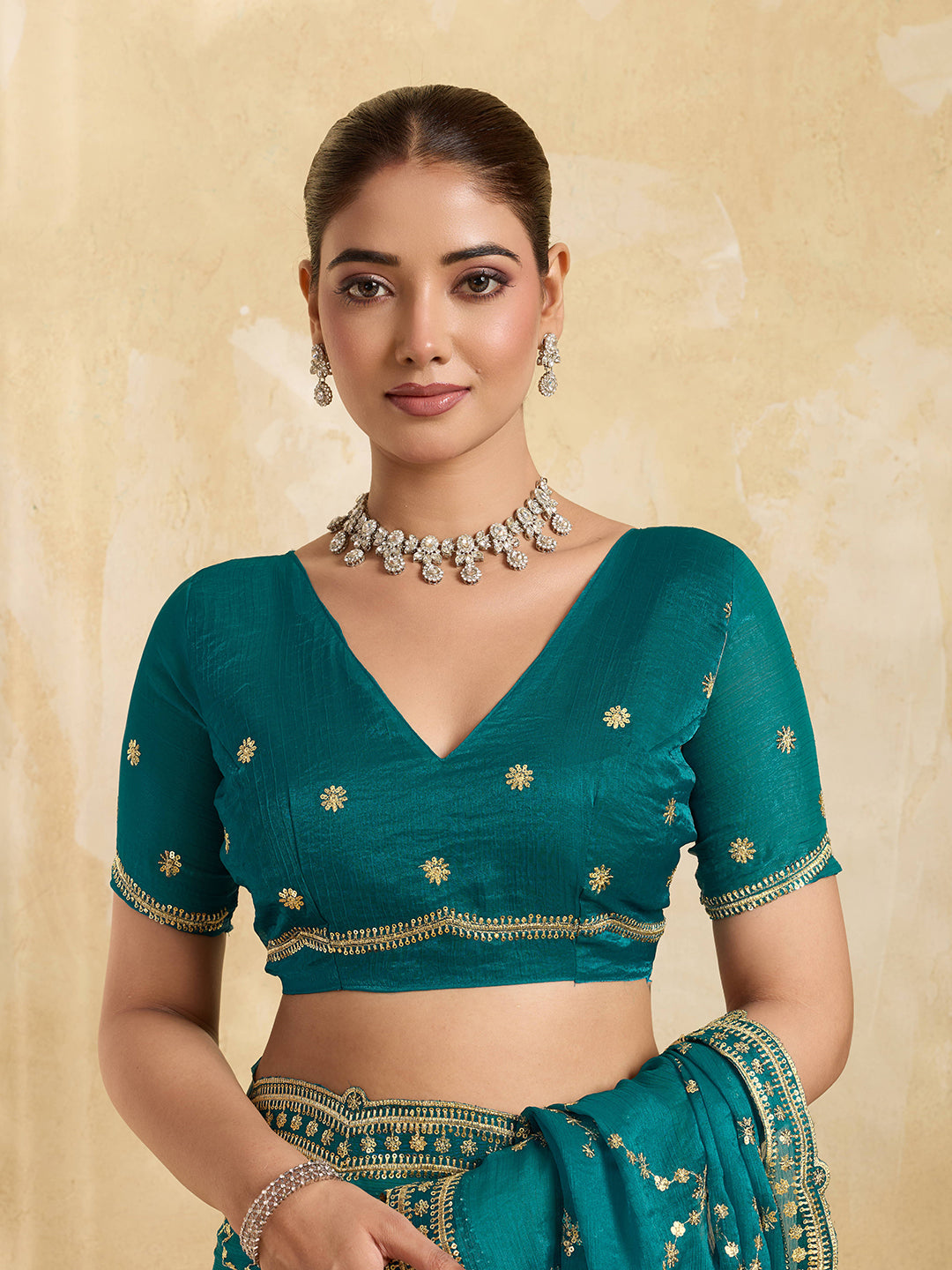 Teal Blue Sequined Embroidered Jimmy Choo Party Wear Saree