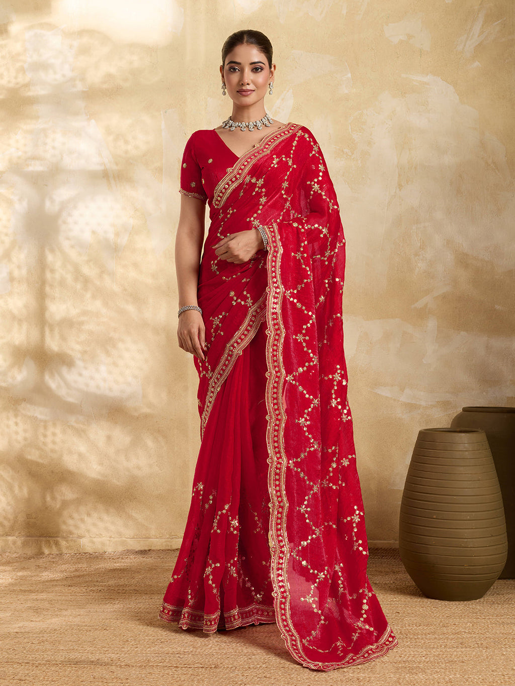 Red Jimmy Choo Party Wear Saree with Sequin Embroidery