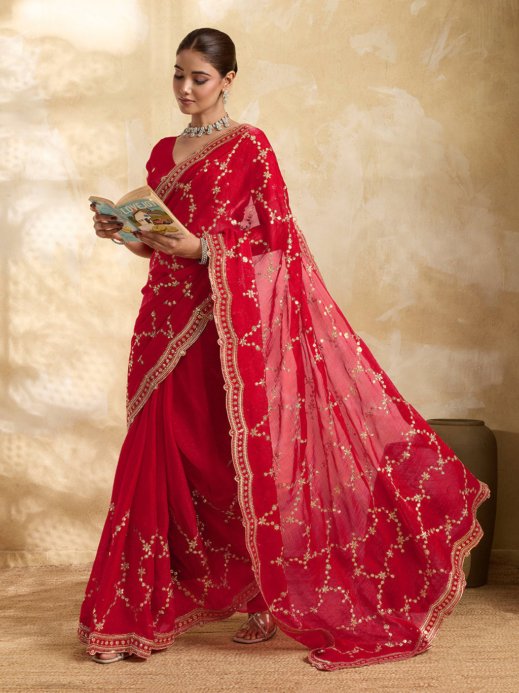 Red Jimmy Choo Party Wear Saree with Sequin Embroidery
