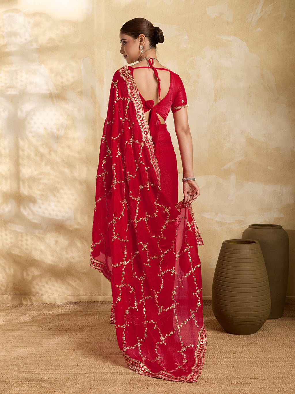 Red Jimmy Choo Party Wear Saree with Sequin Embroidery