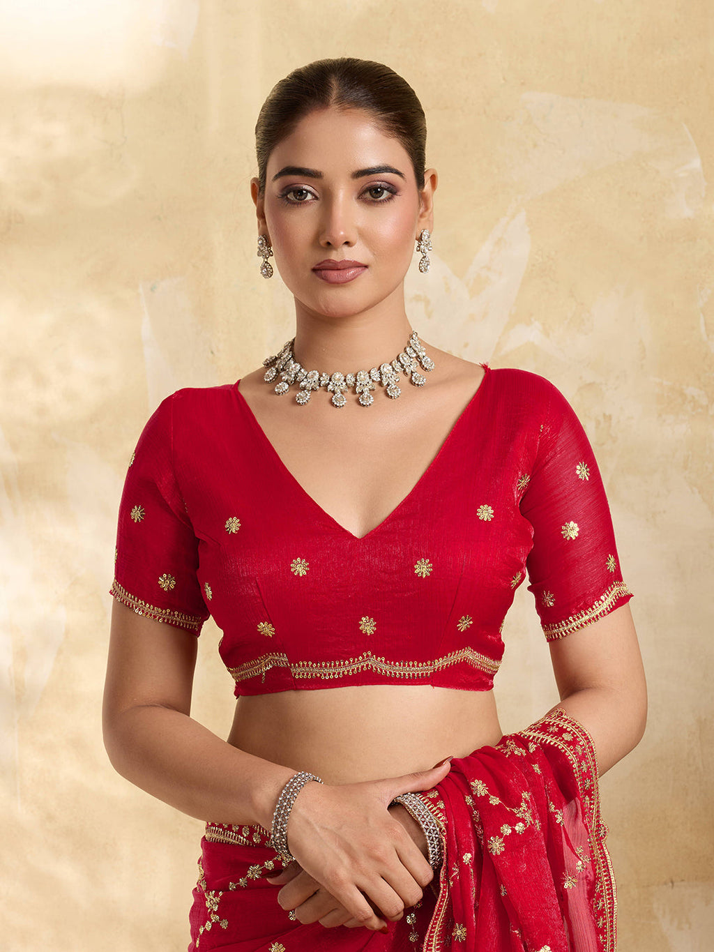 Red Jimmy Choo Party Wear Saree with Sequin Embroidery