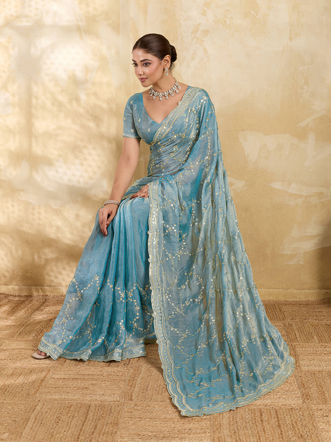Sky Blue Jimmy Choo Party Saree with Sequin Embroidery