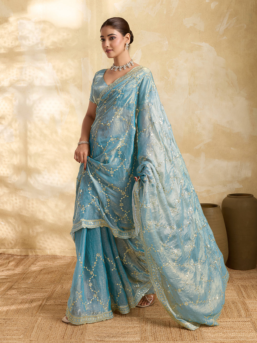 Sky Blue Jimmy Choo Party Saree with Sequin Embroidery
