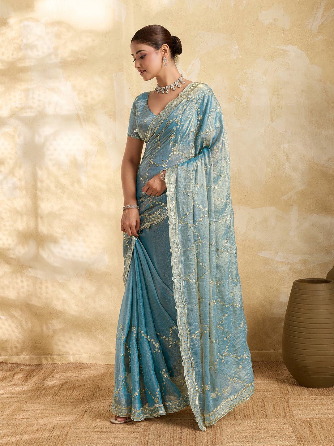 Sky Blue Jimmy Choo Party Saree with Sequin Embroidery