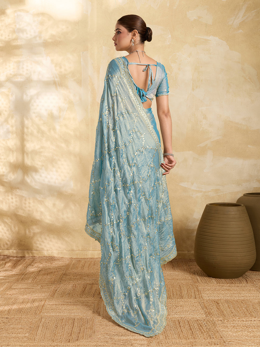 Sky Blue Jimmy Choo Party Saree with Sequin Embroidery