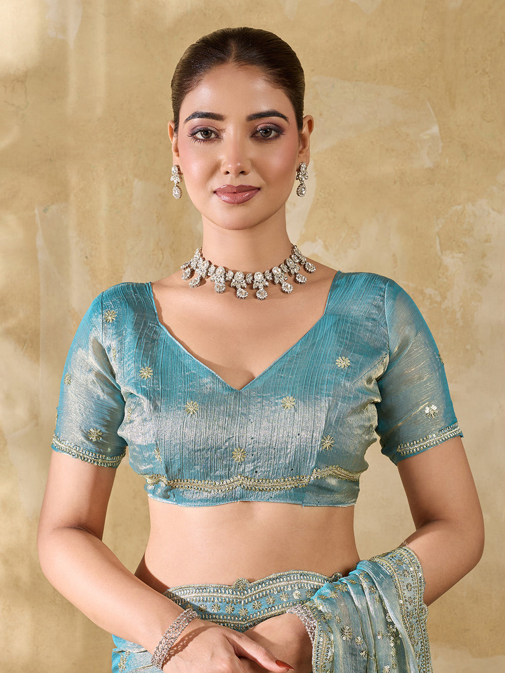 Sky Blue Jimmy Choo Party Saree with Sequin Embroidery