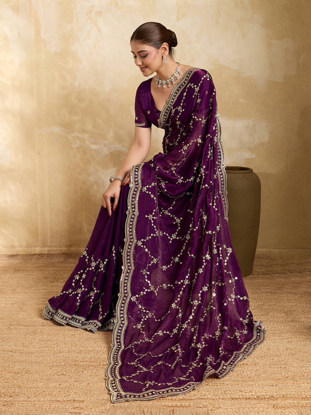 Wine Party Wear Jimmy Choo Saree with Sequin Embroidery