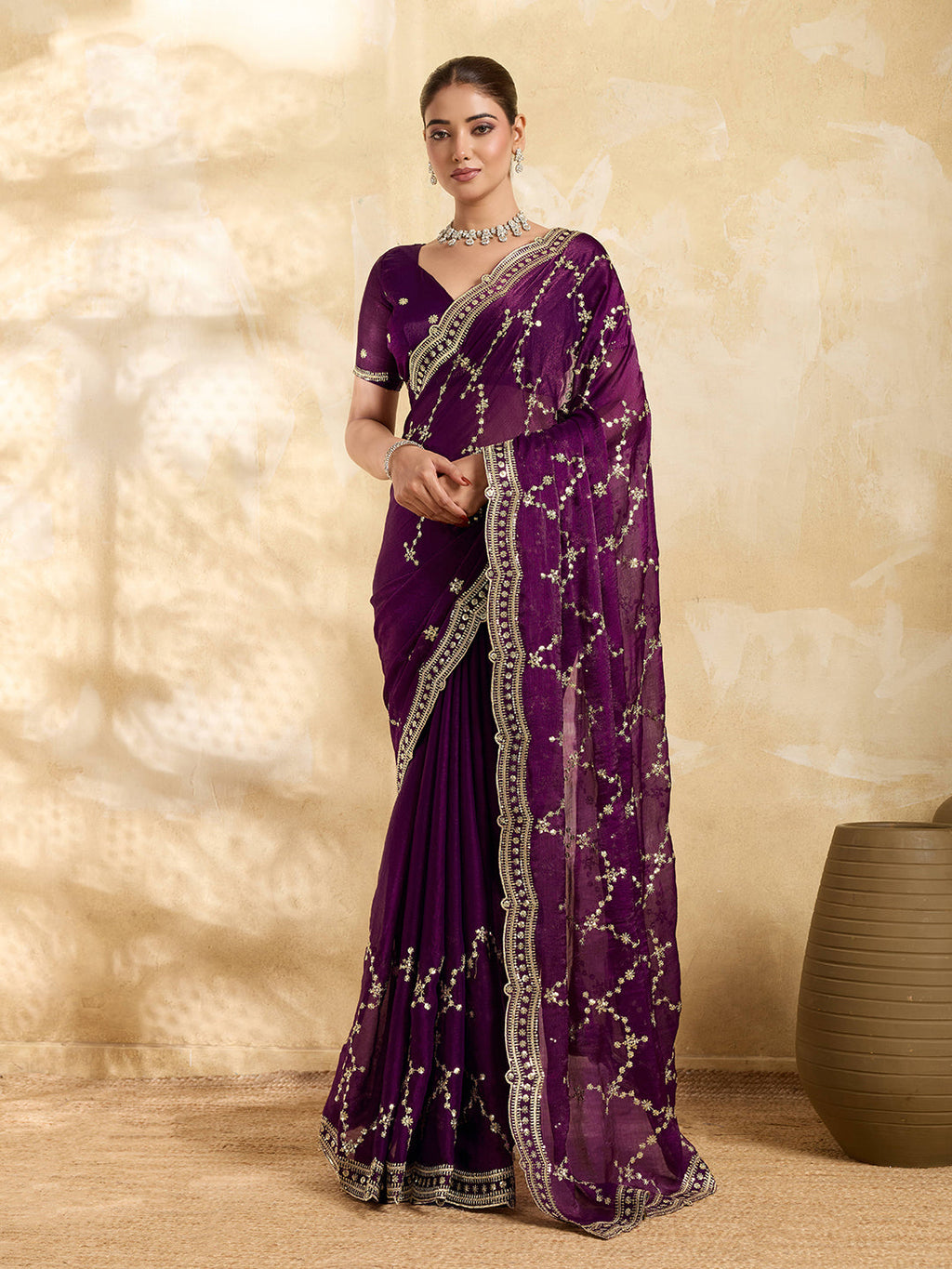 Elegant Wine colored Jimmy Choo party wear saree with sequin embroidery
