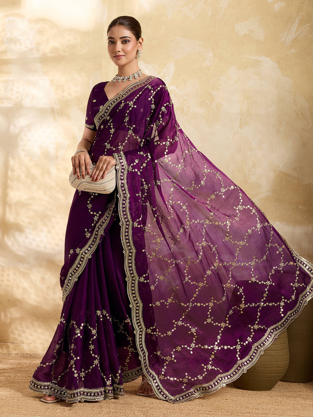 Wine Party Wear Jimmy Choo Saree with Sequin Embroidery