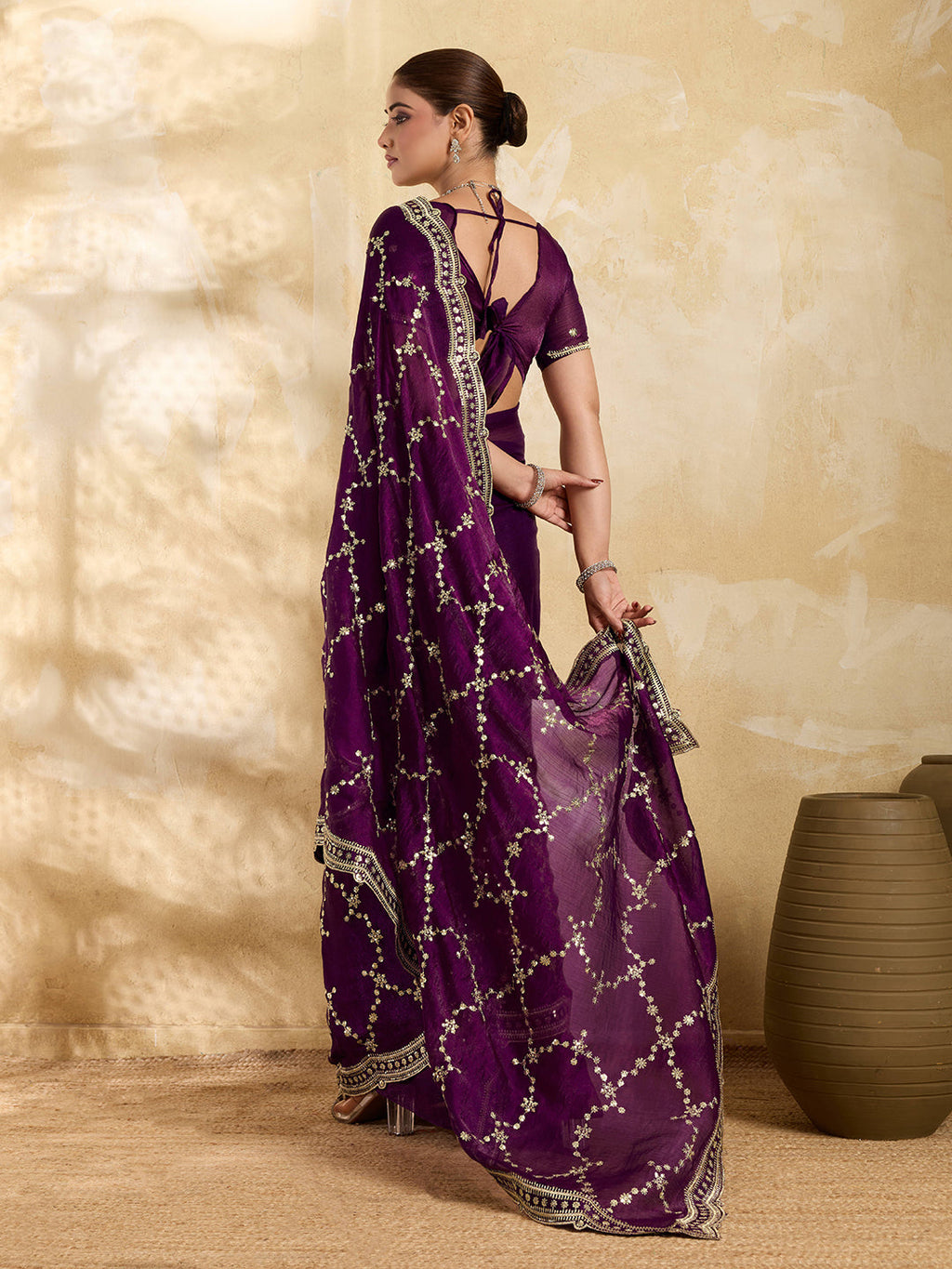 Wine Party Wear Jimmy Choo Saree with Sequin Embroidery