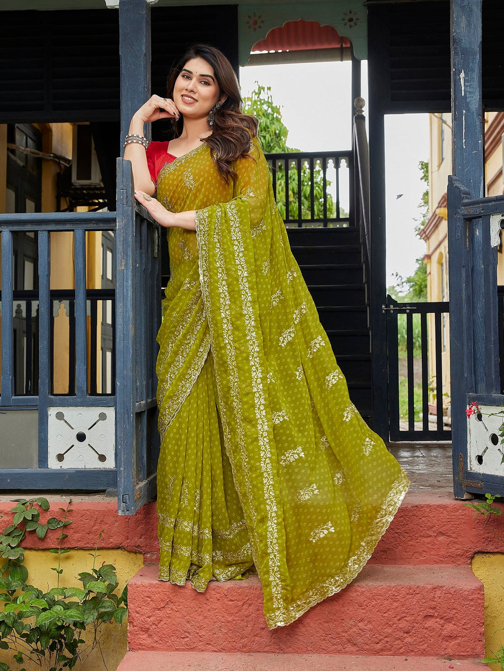 Green Embroidered Georgette Party Wear Saree with Blouse