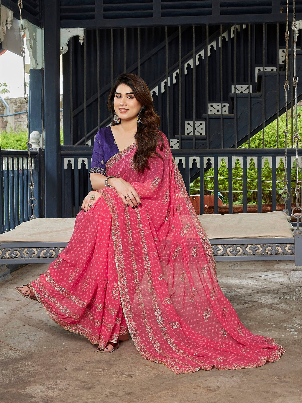 Pink Embroidered Georgette Party Wear Saree with Unstitched Blouse