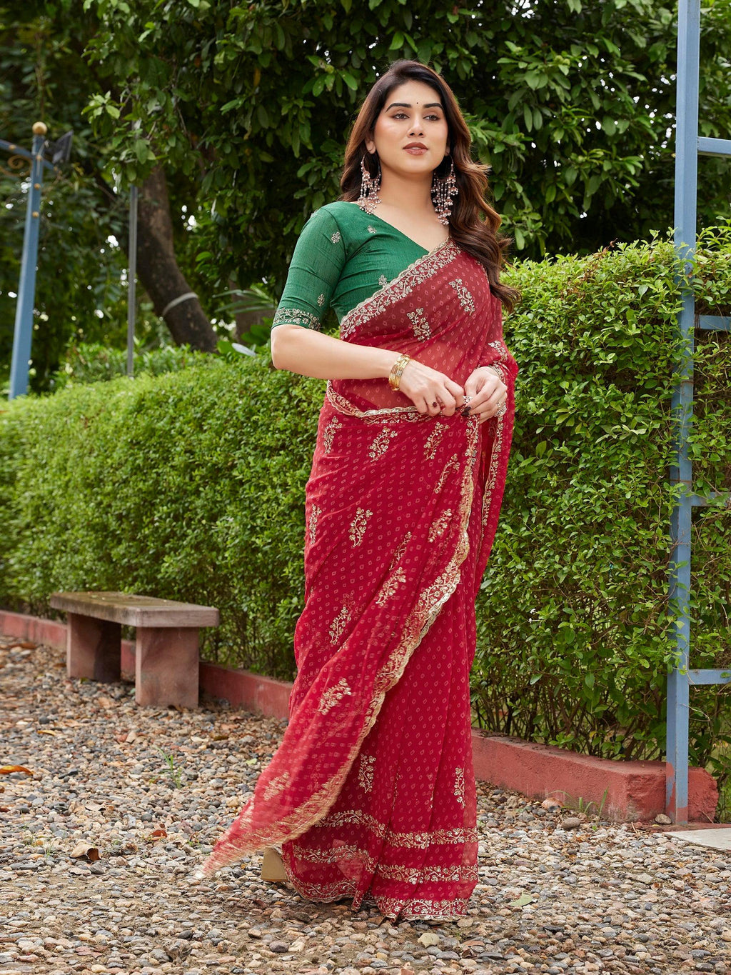 Red georgette embroidered party saree with unstitched blouse