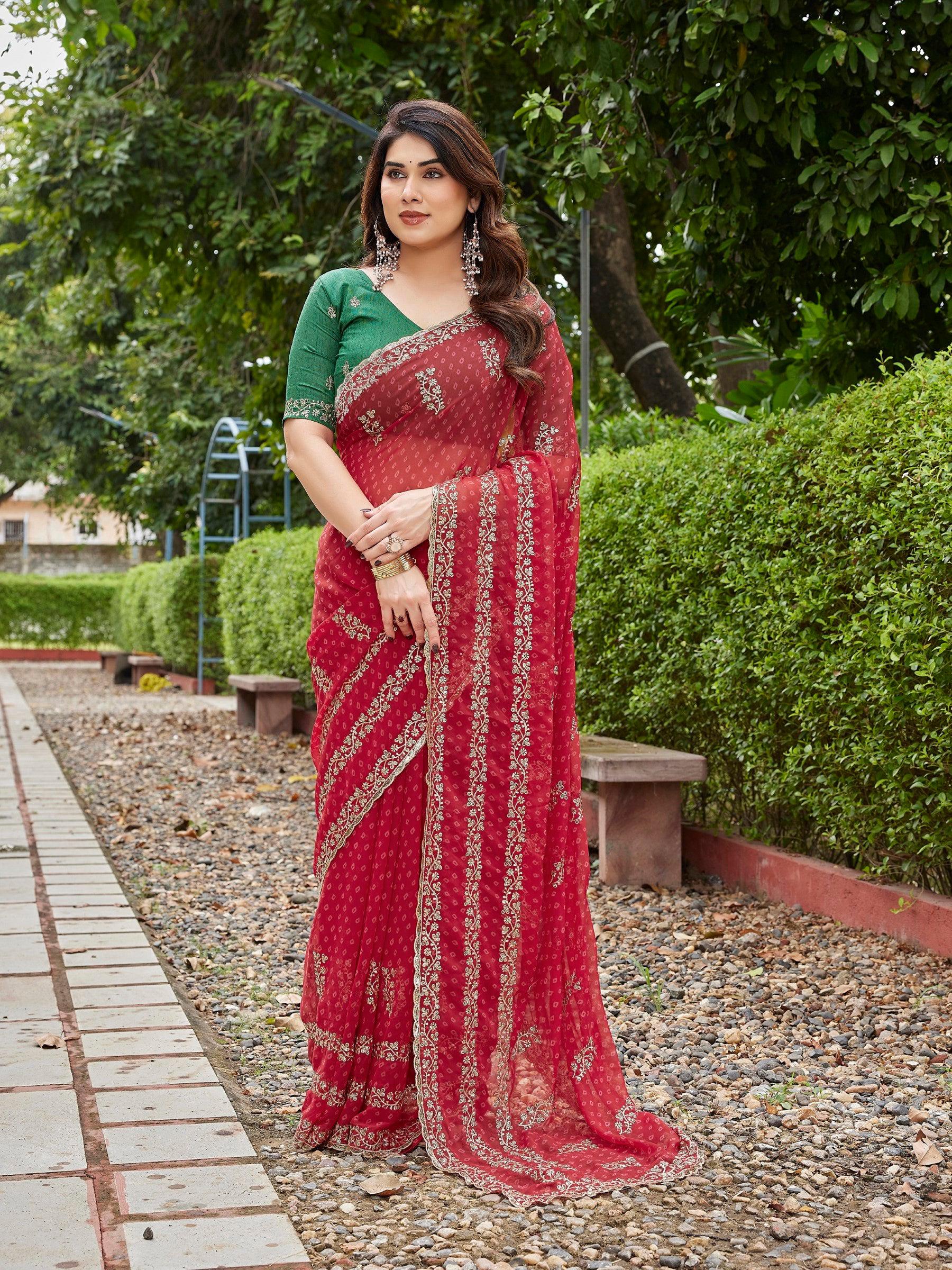 Red Georgette Embroidered Party Saree with Unstitched Blouse