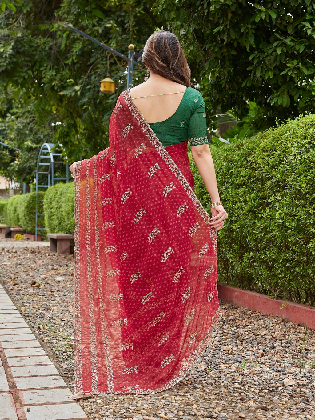 Red Georgette Embroidered Party Saree with Unstitched Blouse