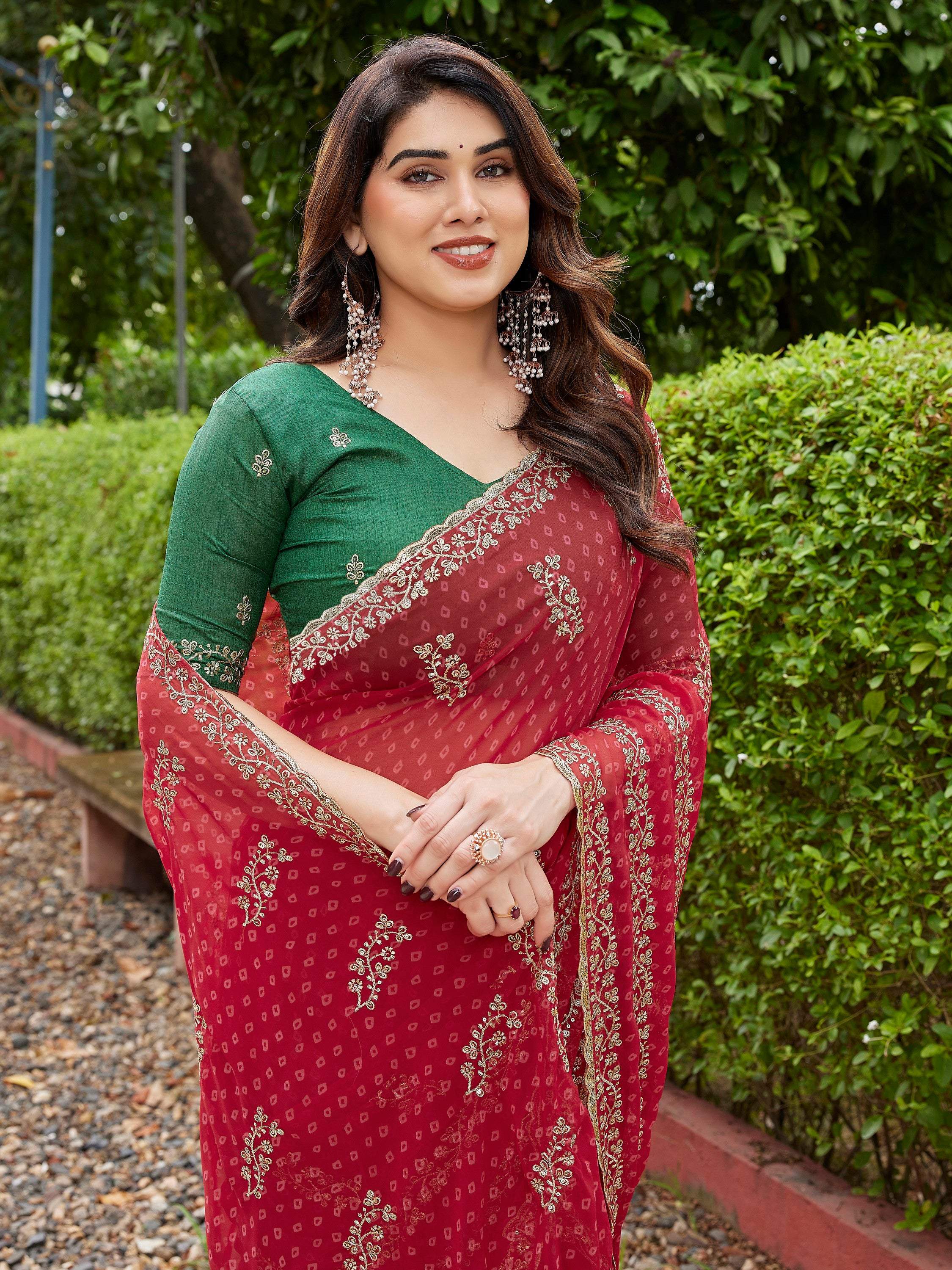 Red Georgette Embroidered Party Saree with Unstitched Blouse