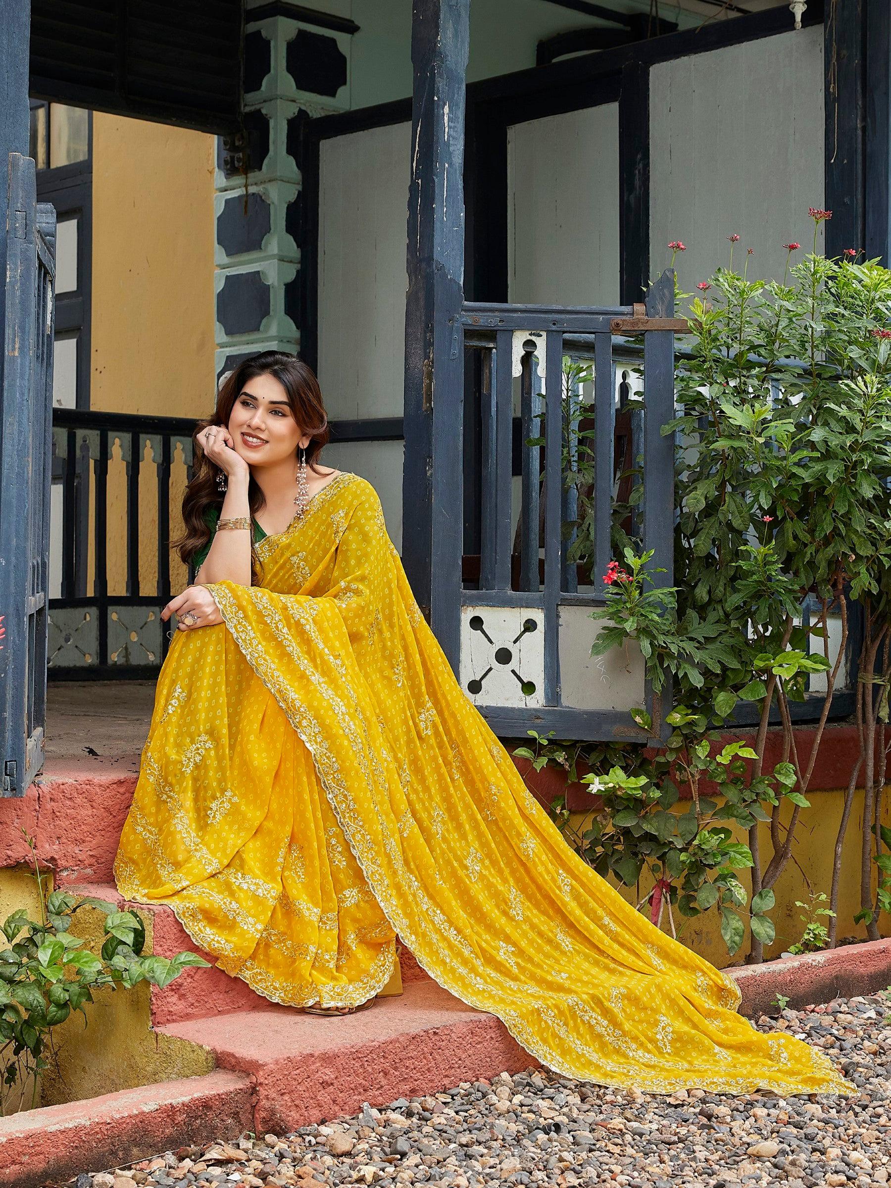 Yellow Embroidered Georgette Saree with Unstitched Blouse