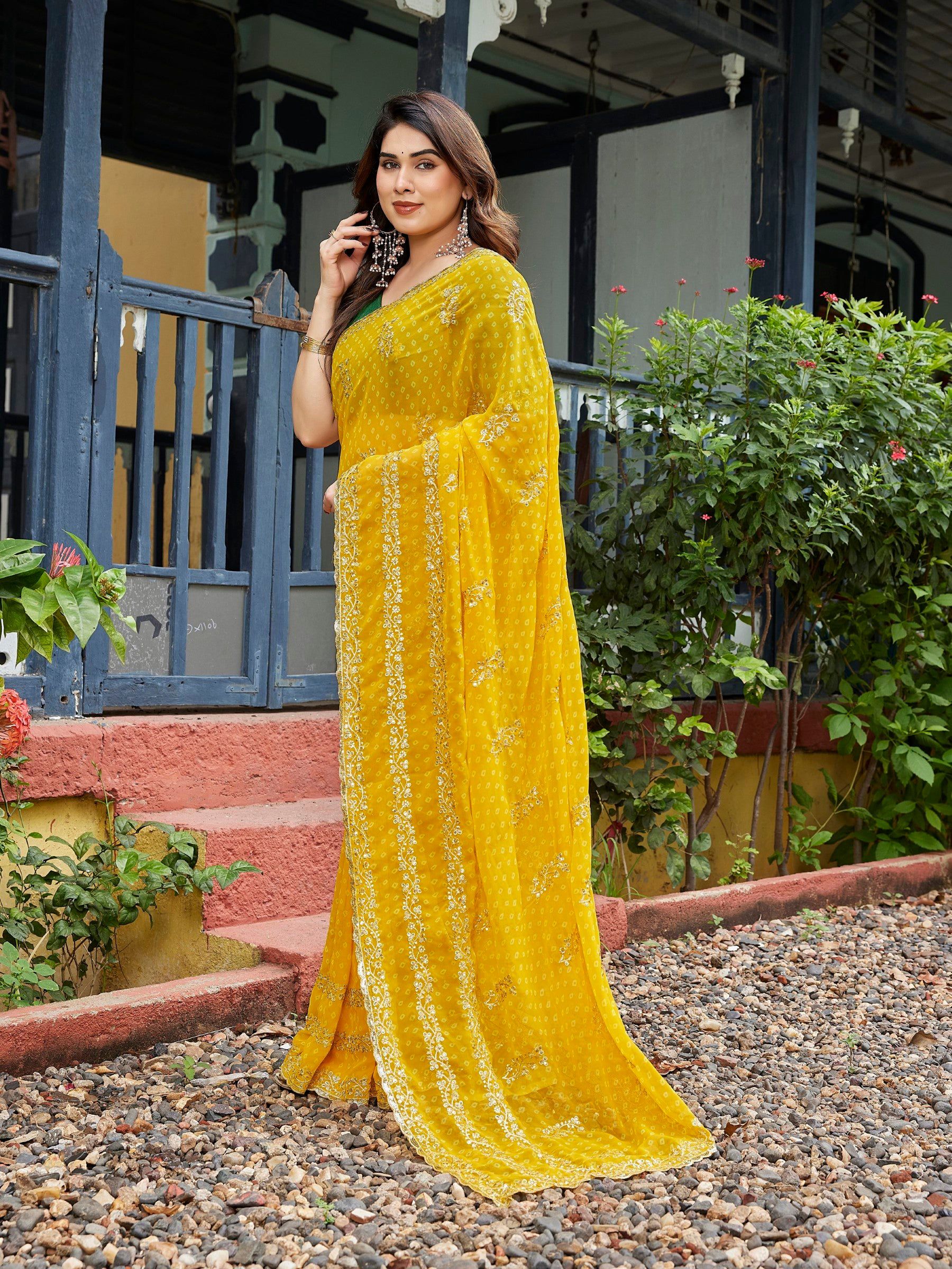 Yellow Embroidered Georgette Saree with Unstitched Blouse