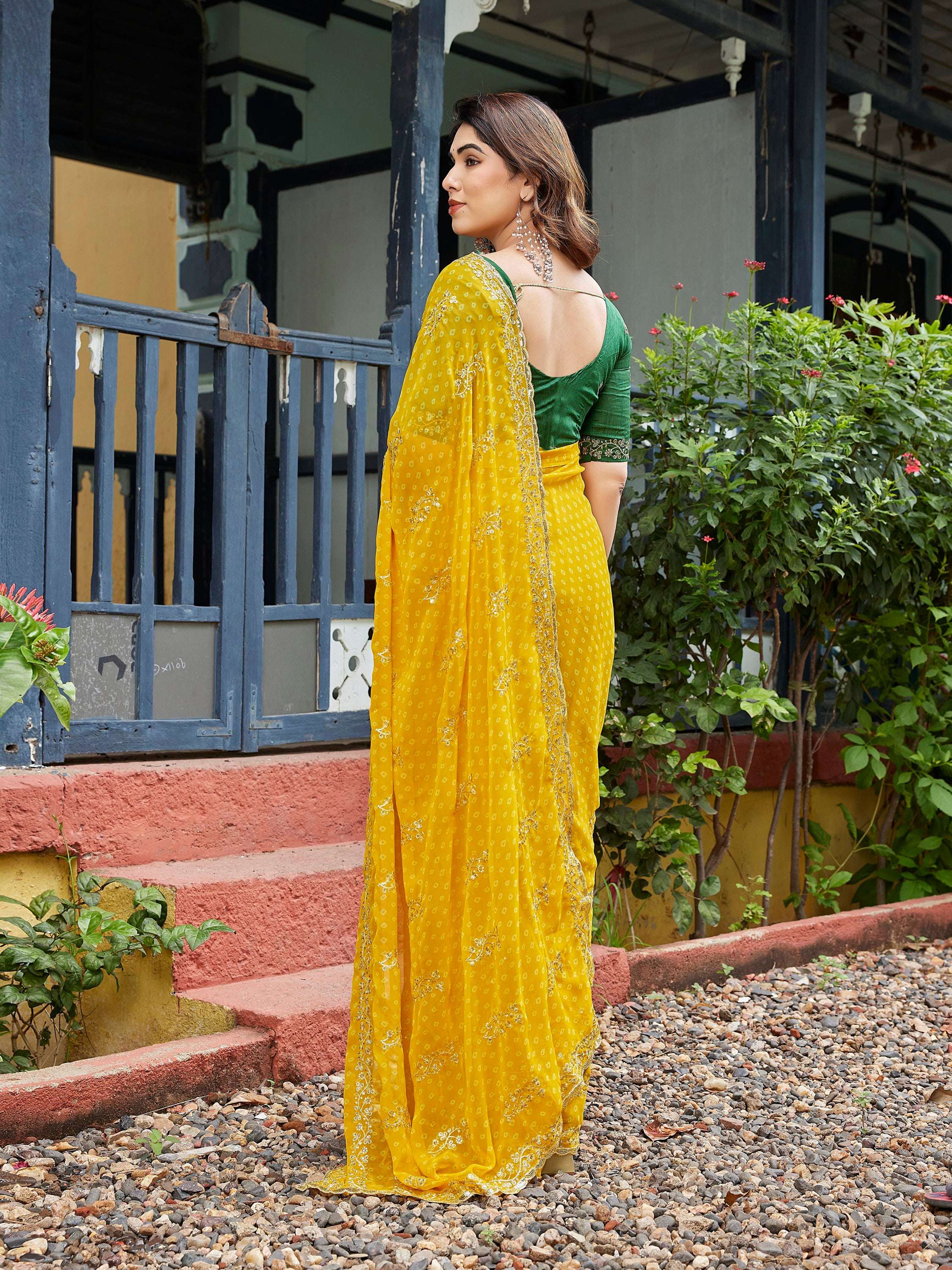 Yellow Embroidered Georgette Saree with Unstitched Blouse