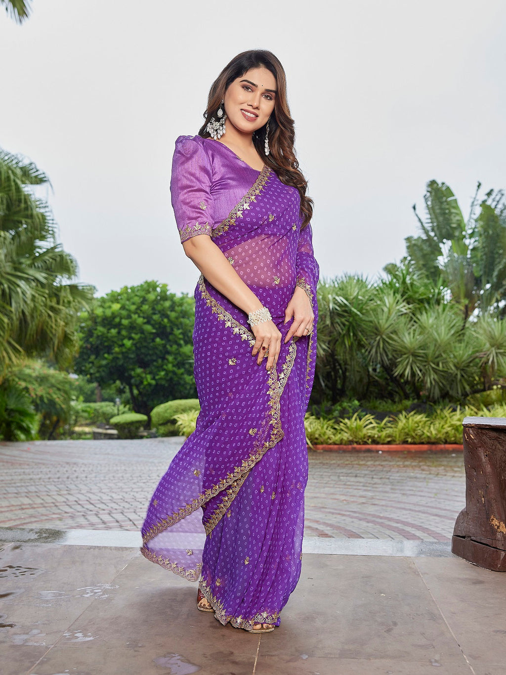 Purple Embroidered Georgette Party Wear Saree