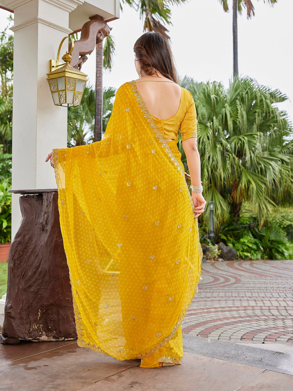 Yellow Embroidered Georgette Party Wear Saree with Unstitched Blouse