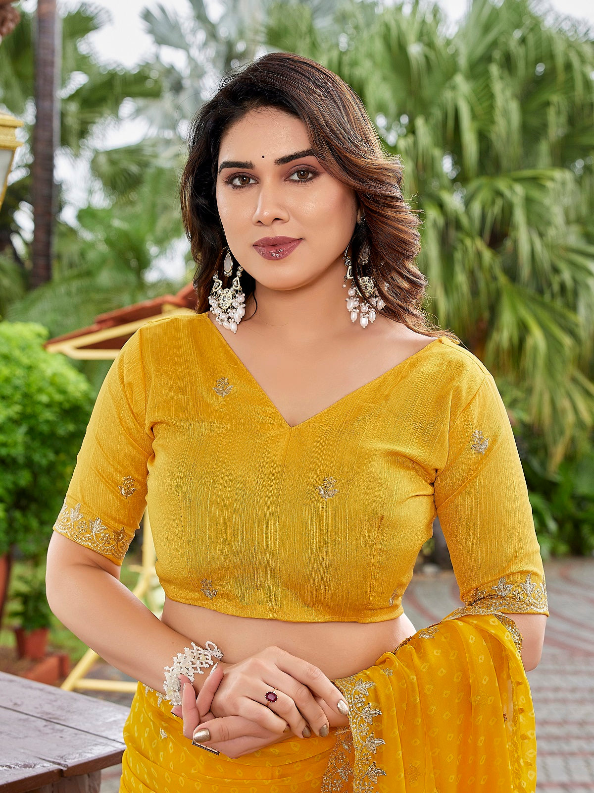 Yellow Embroidered Georgette Party Wear Saree with Unstitched Blouse