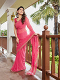 Pink embroidered georgette party wear saree with unstitched blouse