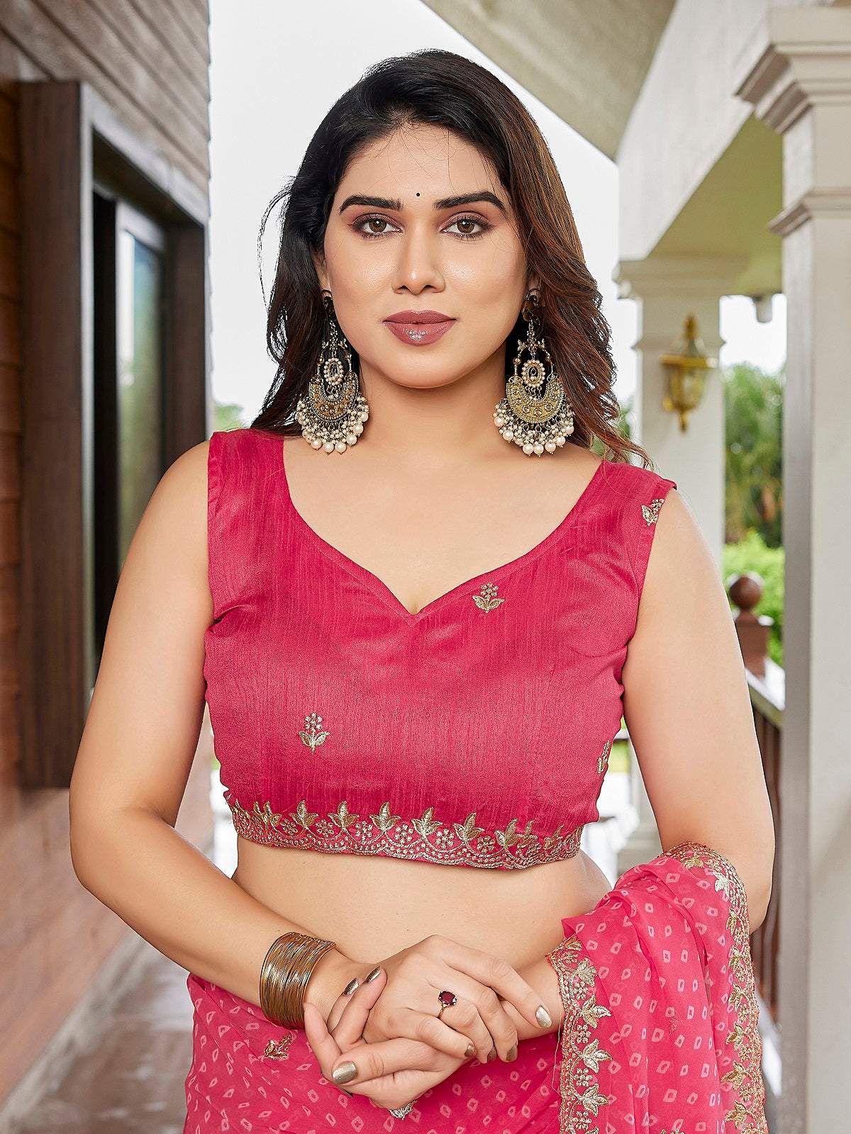 Pink Embroidered Georgette Party Wear Saree with Blouse Piece