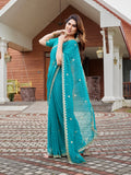 Turquoise Blue Embroidered Georgette Party Wear Saree with Blouse