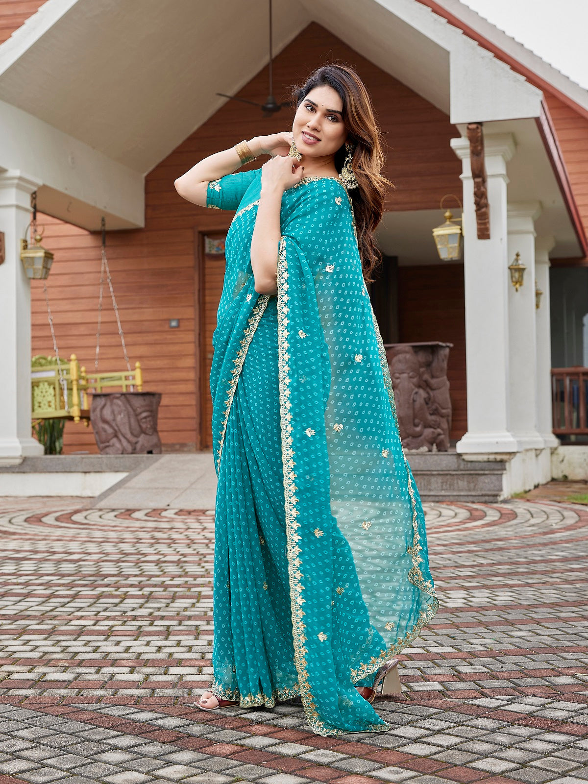 Turquoise Blue Embroidered Georgette Party Wear Saree with Blouse