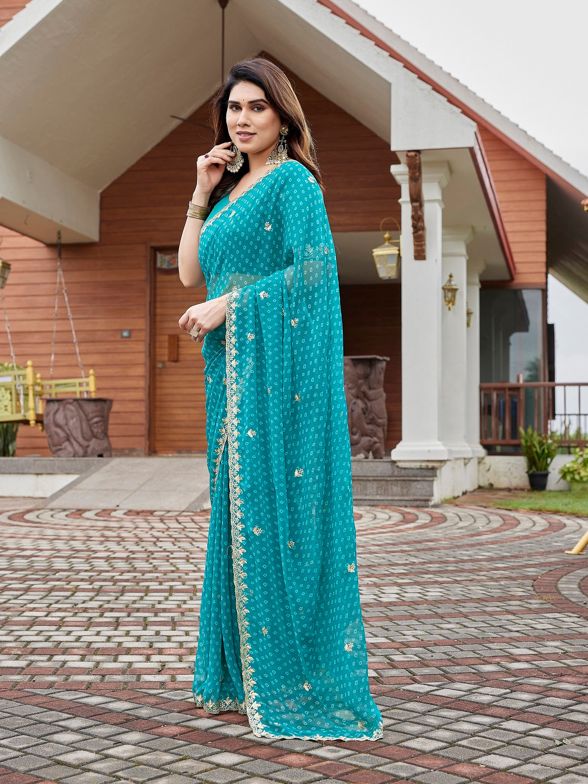Turquoise Blue Embroidered Georgette Party Wear Saree with Blouse