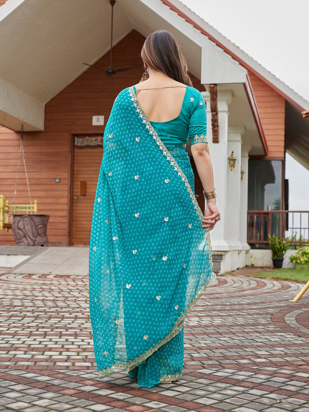 Turquoise Blue Embroidered Georgette Party Wear Saree with Blouse