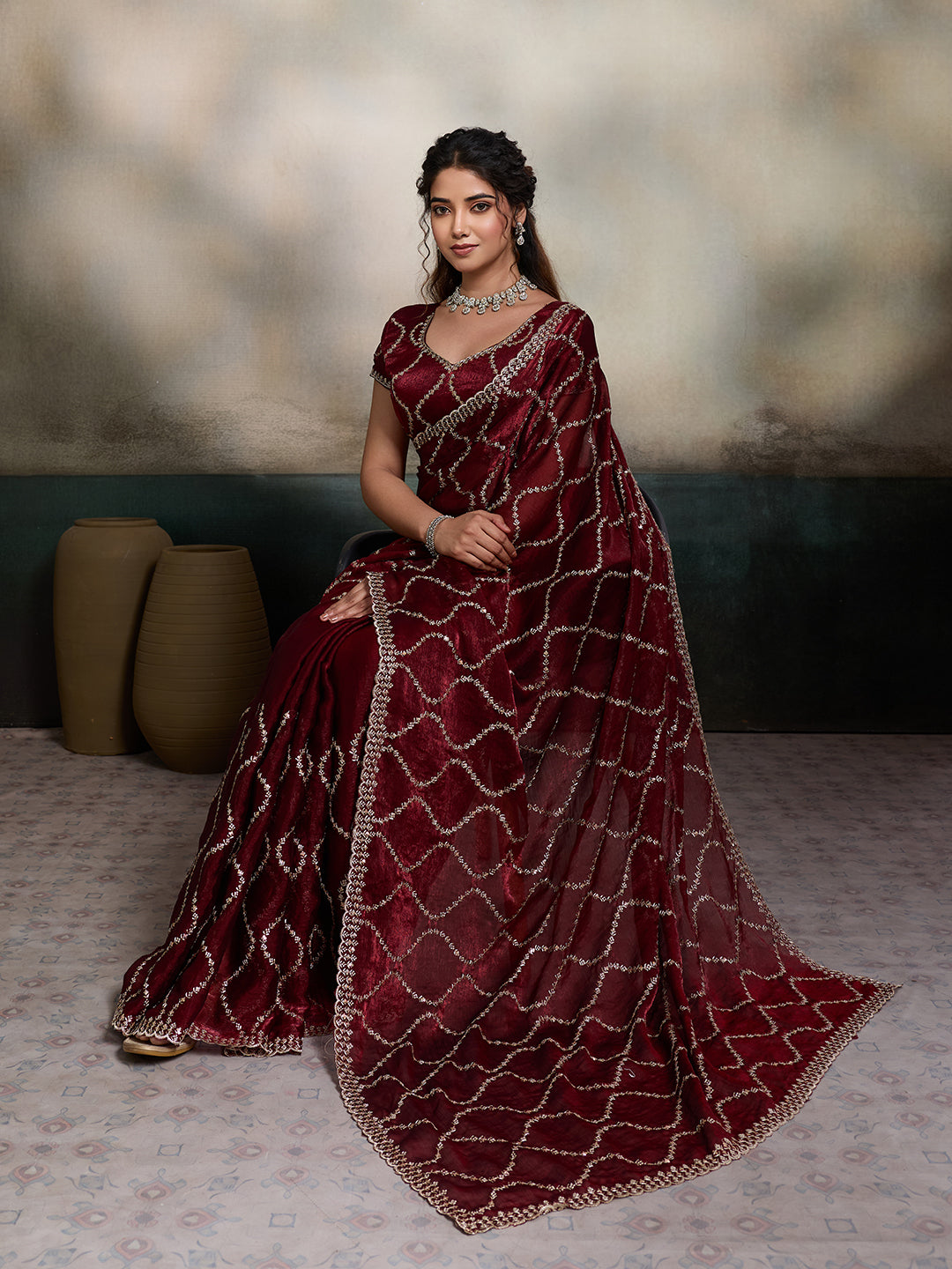 Maroon Embroidered Jimmy Choo Fandy Party Wear Saree with Blouse