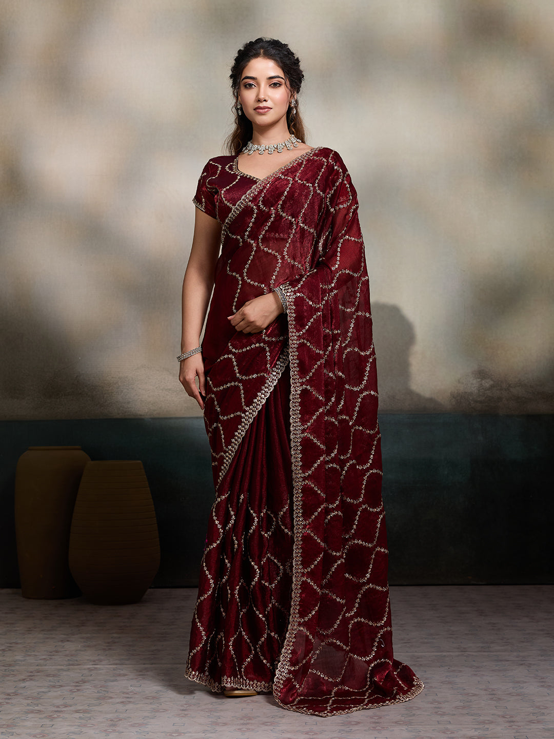 Maroon embroidered Jimmy Choo Fandy party wear saree